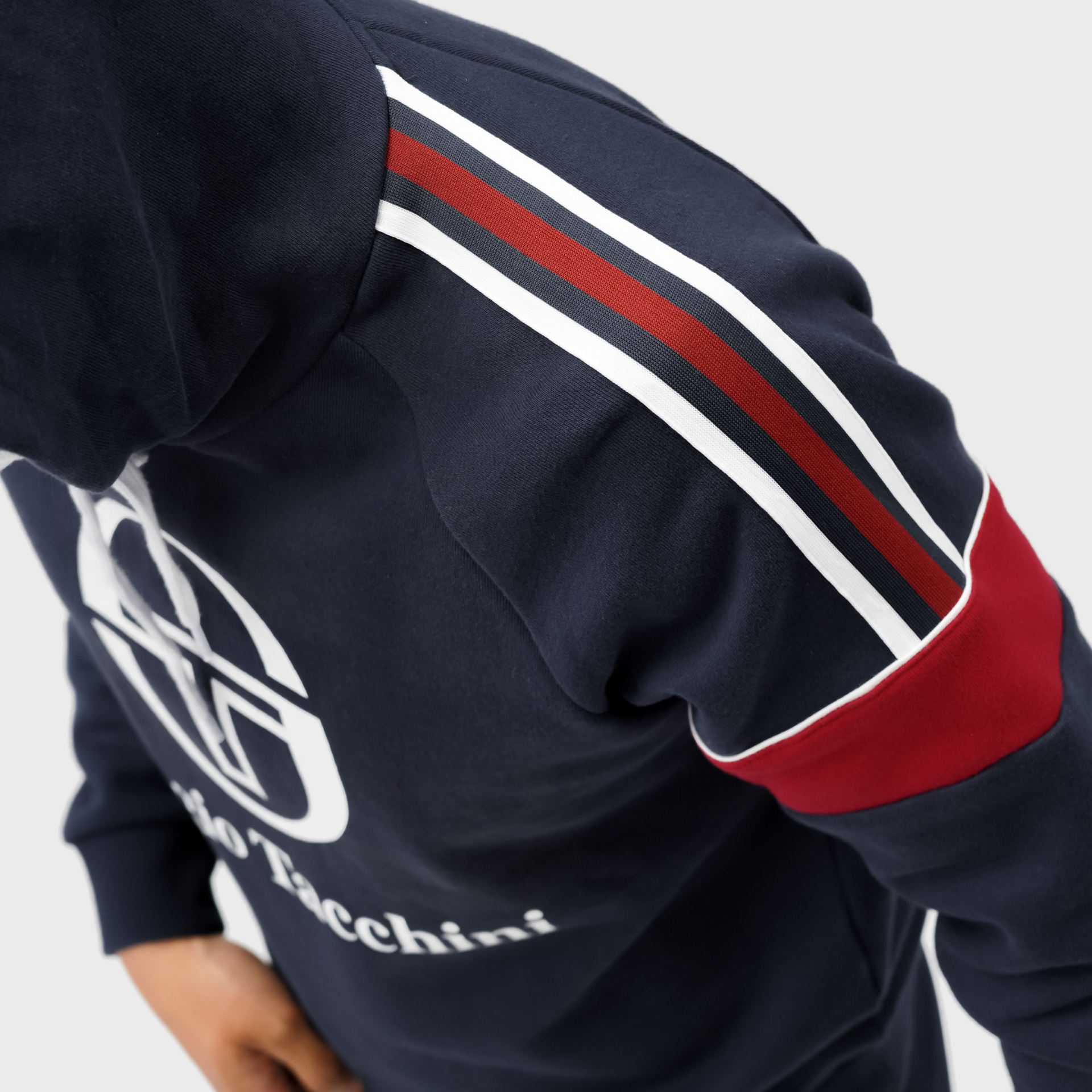 Mens Sergio Tacchini Chest-Logo Stripe Hooded Sweatshirt Navy