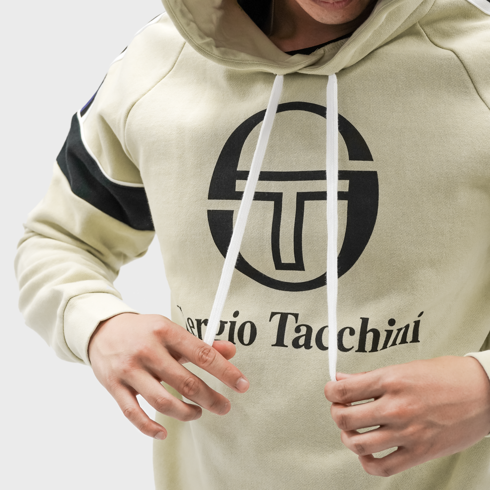 Mens Sergio Tacchini Chest-Logo Stripe Hooded Sweatshirt Beige