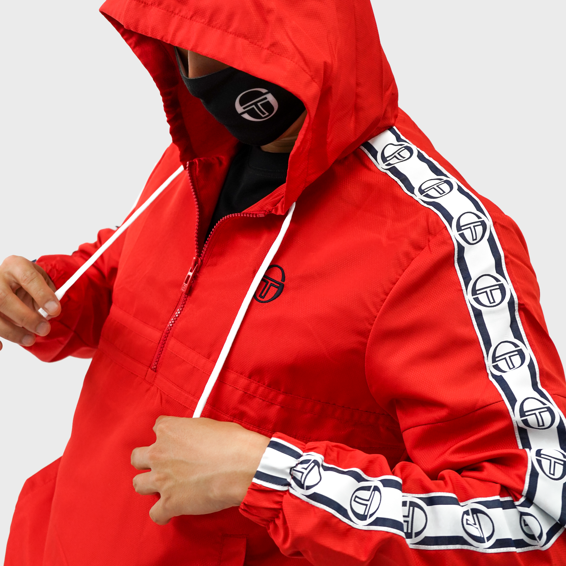 Mens Sergio Tacchini Zip Up Hooded Sleeve-Logo Windbreaker Red