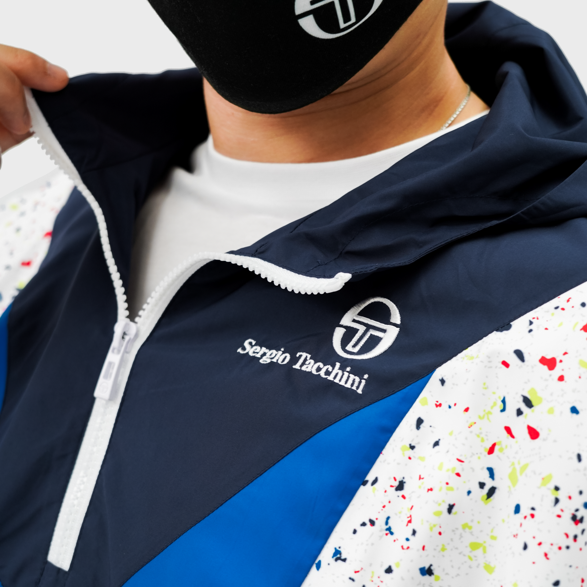 Mens Sergio Tacchini Zip Up Hooded Splatter Tracktop White/Royal Blue/Red